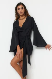 TRENDYOLMİLLA beachwear Black Weaving Binding Detailed Mini Dress - Image 3