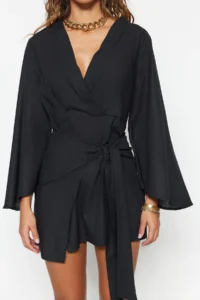TRENDYOLMİLLA beachwear Black Weaving Binding Detailed Mini Dress - Image 4