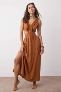 TRENDYOLMİLLA Light Brown Maxi Weaving Tasseled Beach Dress - Image 2