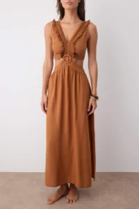 TRENDYOLMİLLA Light Brown Maxi Weaving Tasseled Beach Dress - Image 3