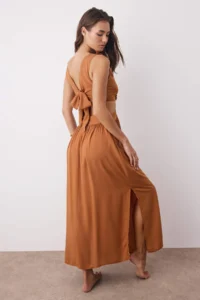 TRENDYOLMİLLA Light Brown Maxi Weaving Tasseled Beach Dress - Image 4