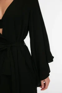 TRENDYOLMİLLA Black Weaving Beach Mini Belted Kimono&Kaftan - Image 3