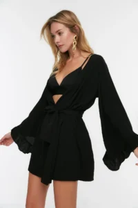 TRENDYOLMİLLA Black Weaving Beach Mini Belted Kimono&Kaftan - Image 5