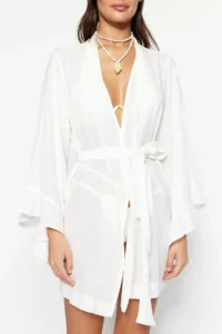 TRENDYOLMİLLA Ecru Weaving Beach Mini Belted Kimono&Kaftan - Image 3