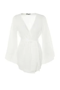 TRENDYOLMİLLA Ecru Weaving Beach Mini Belted Kimono&Kaftan - Image 6