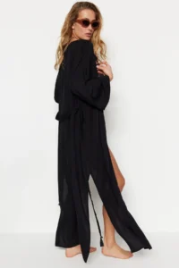 TRENDYOLMİLLA Black Weaving Maxi Beach Belted Kimono&Kaftan - Image 2