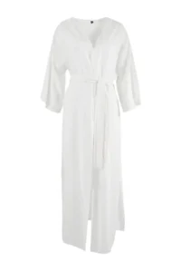 TRENDYOLMİLLA Ecru Weaving Maxi Beach Belted Kimono&Kaftan - Image 3