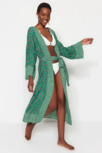 TRENDYOLMİLLA Ethnic Patterned Weaving Maxi Beach Belted Kimono&Kaftan - Image 3