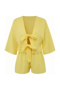 TRENDYOLMİLLA Yellow Weaving 100% Cotton Shirt Shorts Beach Set - Image 5
