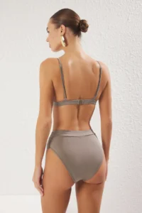 TRENDYOLMİLLA Khaki Triangle hipster High Waist Covered Basic Bikini Set - Image 4