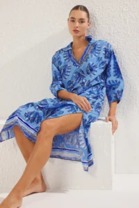 TRENDYOLMİLLA Su Six Patterned Weaving slit 100% Cotton Beach Midi Dress