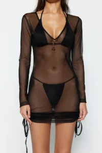 TRENDYOLMİLLA Black Knitting Shirred Beach Mini Dress - Image 4