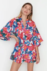 TRENDYOLMİLLA flower patterned Weaving 100% Cotton Beach Mini Dress - Image 2