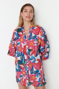 TRENDYOLMİLLA flower patterned Weaving 100% Cotton Beach Mini Dress - Image 4