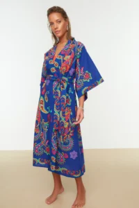 TRENDYOLMİLLA Ethnic Patterned Weaving 100% Cotton Midi Beach Belted Kimono&Kaftan - Image 2