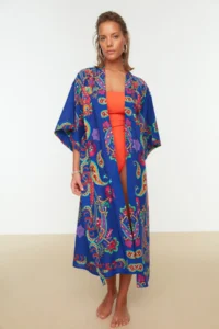 TRENDYOLMİLLA Ethnic Patterned Weaving 100% Cotton Midi Beach Belted Kimono&Kaftan - Image 5