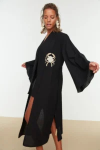 TRENDYOLMİLLA Black Weaving Embroidered Maxi Beach Belted Kimono&Kaftan - Image 2