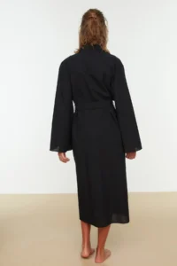 TRENDYOLMİLLA Black Weaving Embroidered Maxi Beach Belted Kimono&Kaftan - Image 5