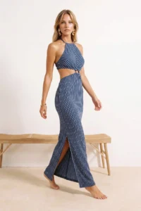 TRENDYOLMİLLA Navy Blue Striped Knitting Accessory Detailed Midi Beach Dress - Image 2