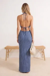 TRENDYOLMİLLA Navy Blue Striped Knitting Accessory Detailed Midi Beach Dress - Image 3