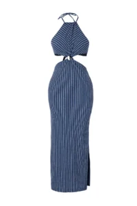 TRENDYOLMİLLA Navy Blue Striped Knitting Accessory Detailed Midi Beach Dress - Image 4