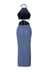 TRENDYOLMİLLA Navy Blue Striped Knitting Accessory Detailed Midi Beach Dress - Image 6