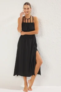 TRENDYOLMİLLA Black Weaving Low-cut back 100% Cotton Beach Midi Dress