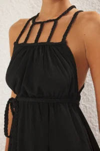 TRENDYOLMİLLA Black Weaving Low-cut back 100% Cotton Beach Midi Dress - Image 3