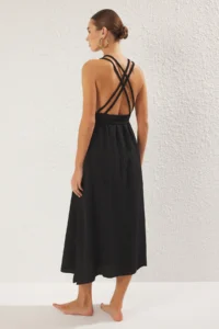 TRENDYOLMİLLA Black Weaving Low-cut back 100% Cotton Beach Midi Dress - Image 4