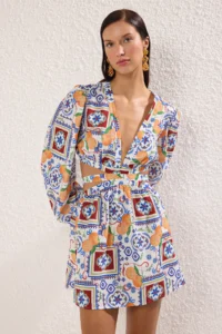 TRENDYOLMİLLA Meyve Patterned Weaving Cut Out Detailed 100% Cotton Beach Mini Dress