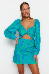 TRENDYOLMİLLA beachwear 100% Cotton Abstract Patterned Weaving Cut Out Detailed Mini Dress - Image 3