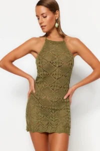 TRENDYOLMİLLA Khaki Knitting Low-cut back Beach Mini Dress