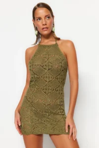 TRENDYOLMİLLA Khaki Knitting Low-cut back Beach Mini Dress - Image 3
