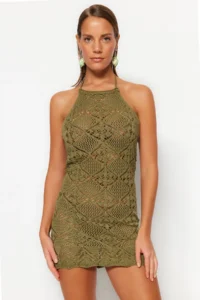 TRENDYOLMİLLA Khaki Knitting Low-cut back Beach Mini Dress - Image 4