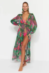 TRENDYOLMİLLA Tropical Patterned Weaving striped Maxi Beach Kimono&Kaftan