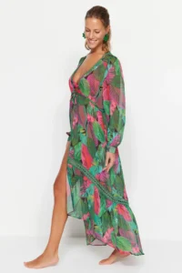 TRENDYOLMİLLA Tropical Patterned Weaving striped Maxi Beach Kimono&Kaftan - Image 2