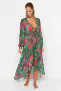 TRENDYOLMİLLA Tropical Patterned Weaving striped Maxi Beach Kimono&Kaftan - Image 3