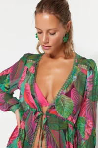 TRENDYOLMİLLA Tropical Patterned Weaving striped Maxi Beach Kimono&Kaftan - Image 4