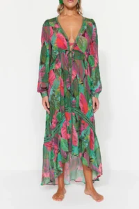 TRENDYOLMİLLA Tropical Patterned Weaving striped Maxi Beach Kimono&Kaftan - Image 5