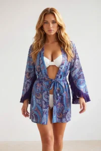 TRENDYOLMİLLA Shawl Patterned Weaving Tassel Detailed 100% Cotton Beach Mini Belted Beach Kimono - Image 3