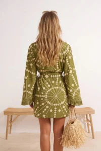 TRENDYOLMİLLA Ethnic Patterned Weaving Tassel Detailed 100% Cotton Beach Mini Belted Beach Kimono - Image 3