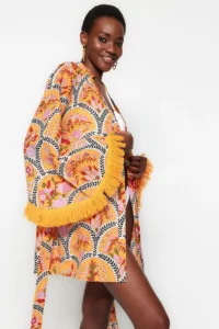 TRENDYOLMİLLA flower patterned Weaving Tassel Detailed 100% Cotton Beach Mini Belted Beach Kimono&Kaftan