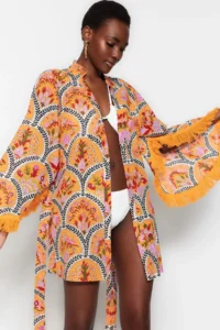 TRENDYOLMİLLA flower patterned Weaving Tassel Detailed 100% Cotton Beach Mini Belted Beach Kimono&Kaftan - Image 2