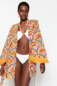 TRENDYOLMİLLA flower patterned Weaving Tassel Detailed 100% Cotton Beach Mini Belted Beach Kimono&Kaftan - Image 3