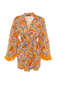 TRENDYOLMİLLA flower patterned Weaving Tassel Detailed 100% Cotton Beach Mini Belted Beach Kimono&Kaftan - Image 7