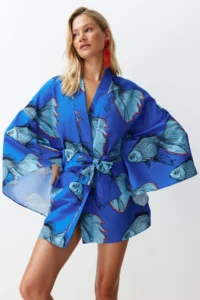 TRENDYOLMİLLA Su Six Patterned Weaving Beach Mini Belted Kimono&Kaftan