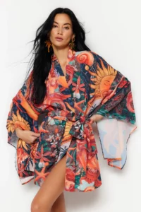 TRENDYOLMİLLA Tropical Patterned Patterned Belted with flywheel Mini Weaving Beach Mini Belted Kimono&Kaftan