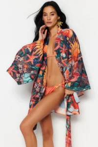 TRENDYOLMİLLA Tropical Patterned Patterned Belted with flywheel Mini Weaving Beach Mini Belted Kimono&Kaftan - Image 2
