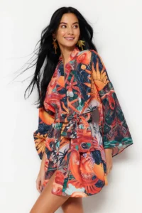 TRENDYOLMİLLA Tropical Patterned Patterned Belted with flywheel Mini Weaving Beach Mini Belted Kimono&Kaftan - Image 5