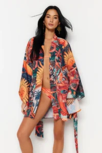 TRENDYOLMİLLA Tropical Patterned Patterned Belted with flywheel Mini Weaving Beach Mini Belted Kimono&Kaftan - Image 6